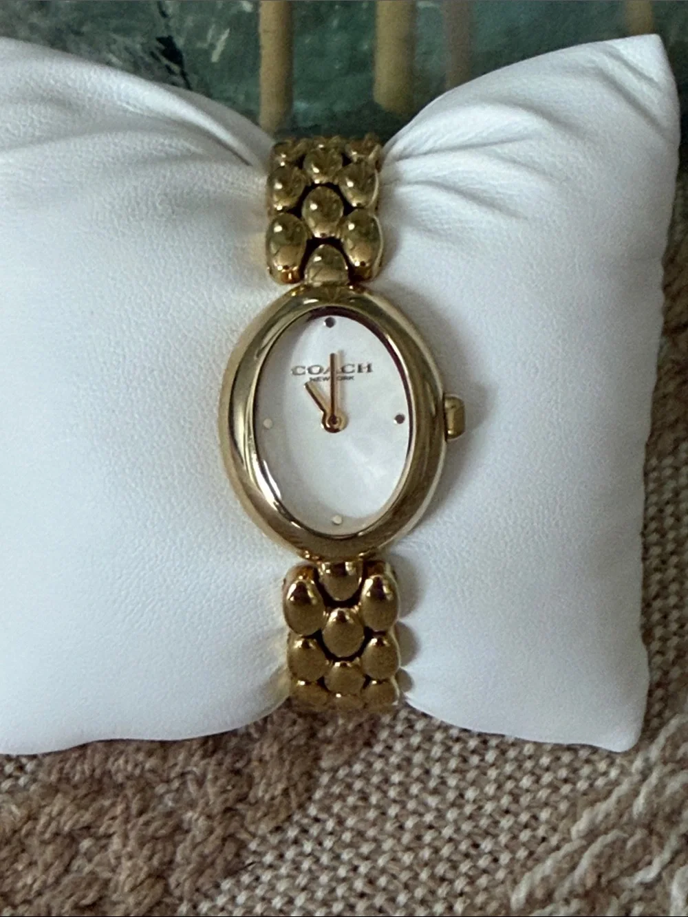 Coach Gold-Tone Oval Bracelet Watch with Mother-of-Pearl Dial